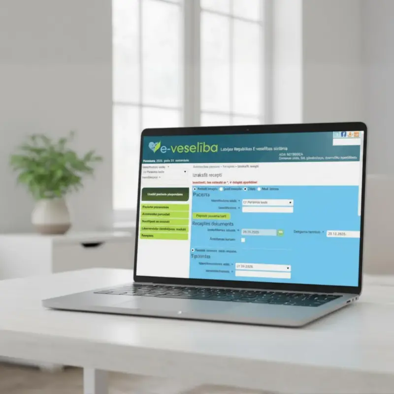 Medicīnas centra "Ģimenes sirds" dators atvērts, tajā redzama e-veselības platforma, lai izrakstītu recepti.