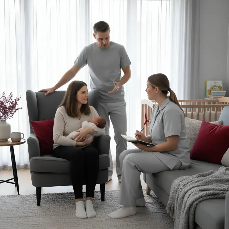 Medicīnas centra "Ģimenes sirds" mājas vizīte pēcdzemdību periodā - vecmāte apmeklē ģimeni.