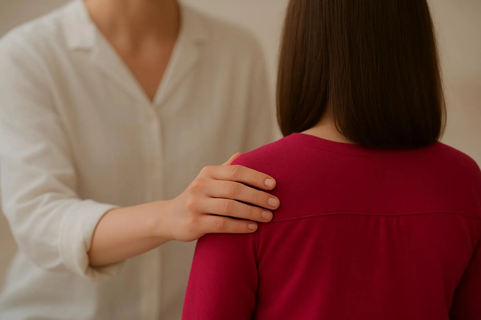 Psihologs - sieviete - uzlikusi roku uz pleca atbalstā otrai sievietei
